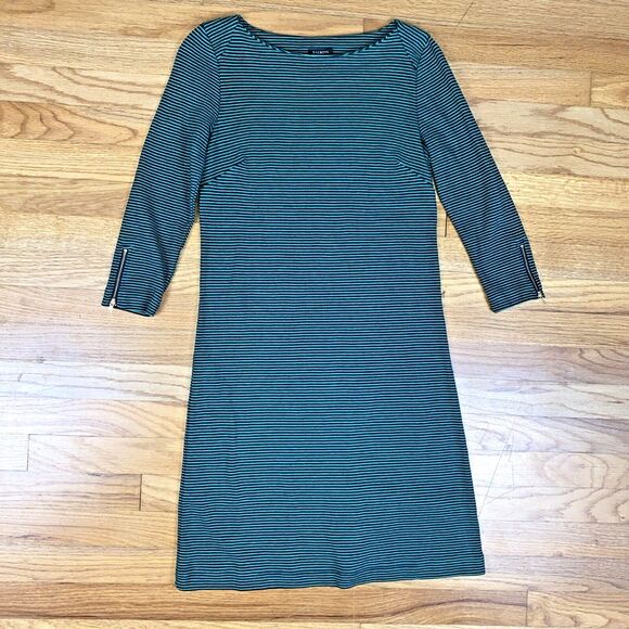 TALBOTS PETITES SP GREEN BLACK STRIPED COTTON SHEATH DRESS GOLD ZIPPERS - Picture 1 of 9